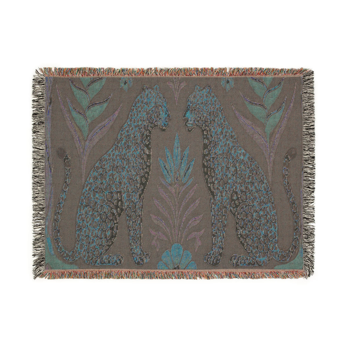 Two Sitting Leopards Woven Blanket | Botanical Motif, Tapestry Throw