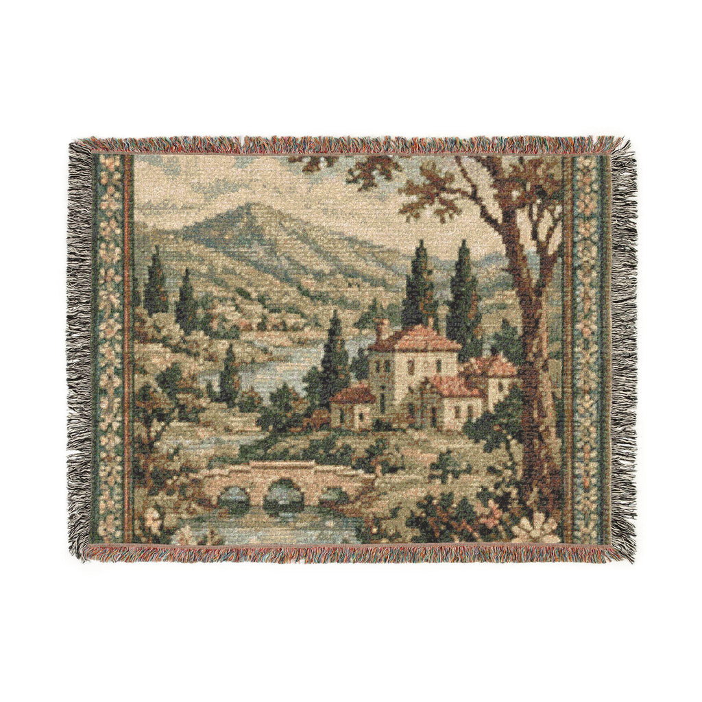 Vintage Cottage Landscape Woven Blanket | Scenic Tapestry Throw