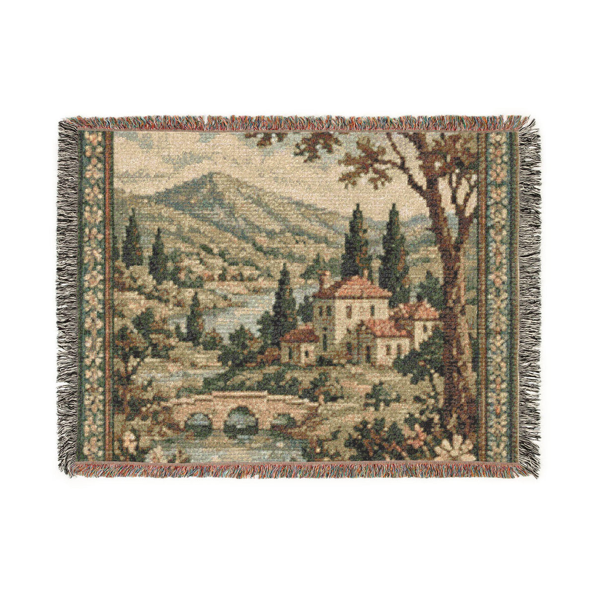 Vintage Cottage Landscape Woven Blanket | Scenic Tapestry Throw