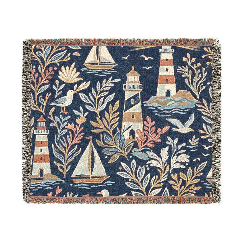 Nautical Lighthouse Sailboat Woven Blanket | Coastal Ocean Throw
