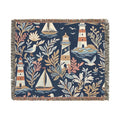 Nautical Lighthouse Sailboat Woven Blanket | Coastal Ocean Throw