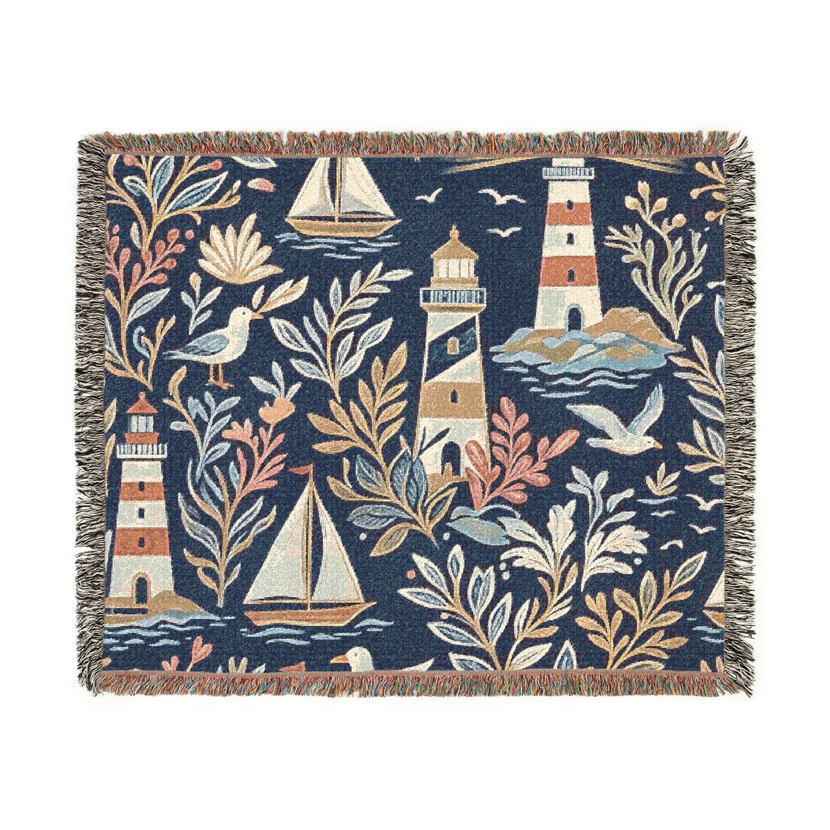 Nautical Lighthouse Sailboat Woven Blanket | Coastal Ocean Throw