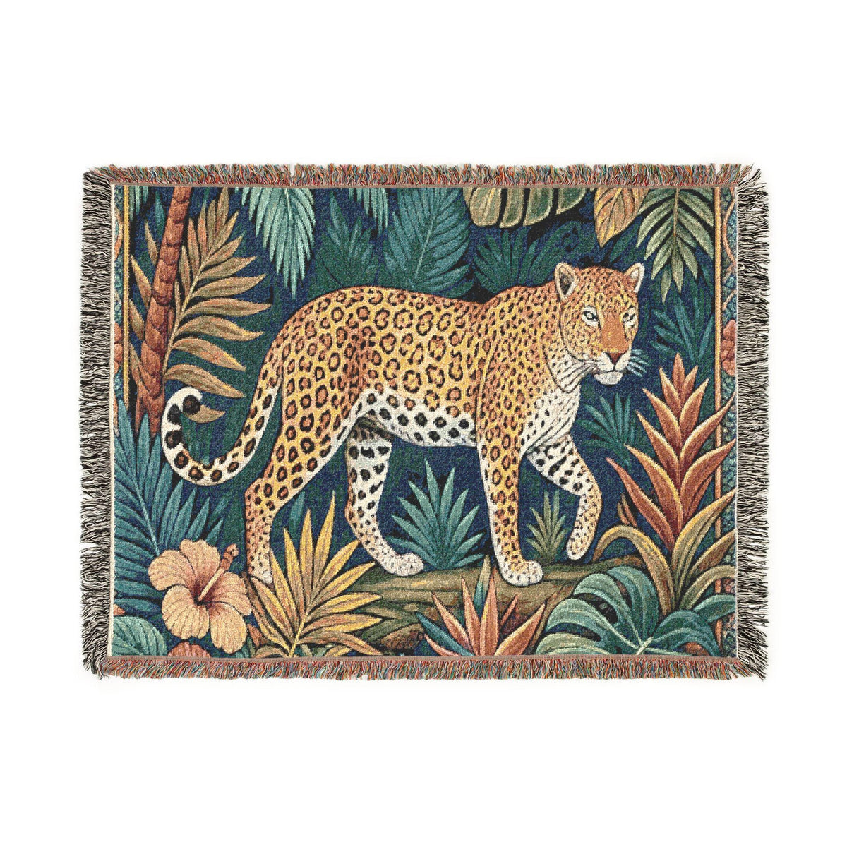 Leopard Jungle Tapestry Woven Blanket | Tropical Botanical Throw