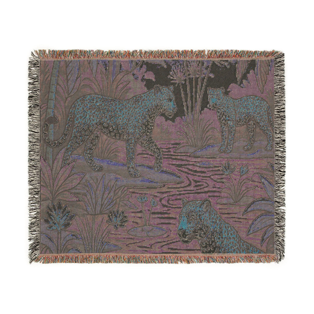 Tropical Leopard Scene Woven Blanket | Jungle Cat Tapestry Throw