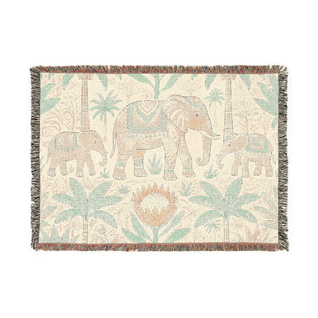 Boho Elephant Family Woven Blanket | Tropical Palm Tapestry Throw