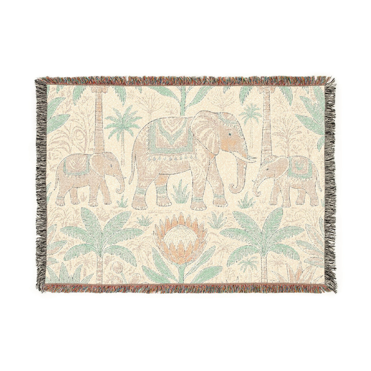Boho Elephant Family Woven Blanket | Tropical Palm Tapestry Throw