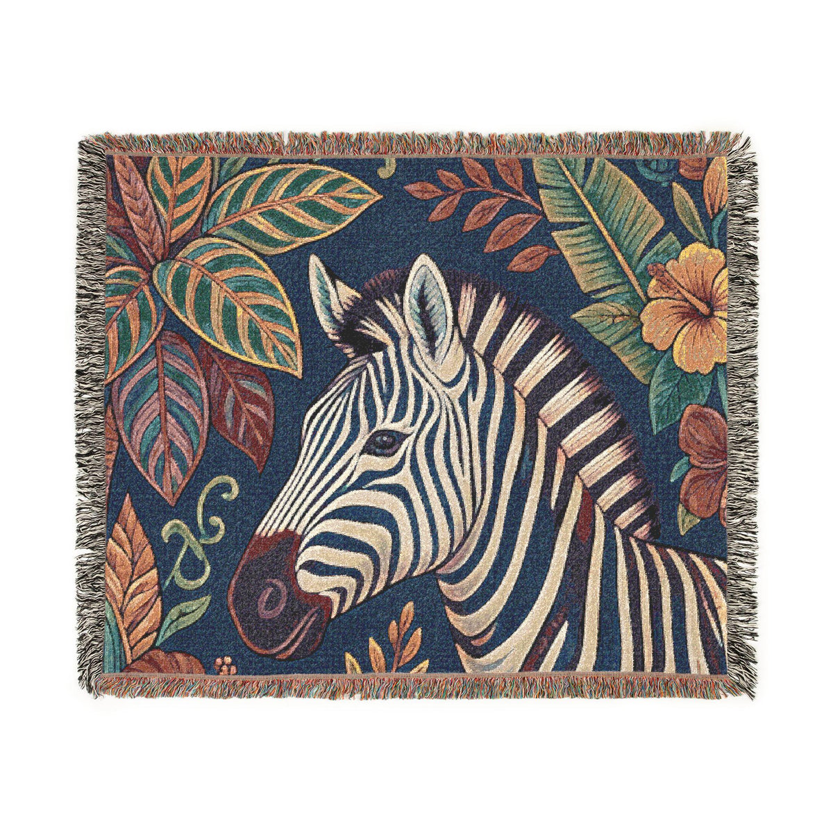 Zebra Illustration Woven Blanket | Botanical Leaves Tapestry Throw