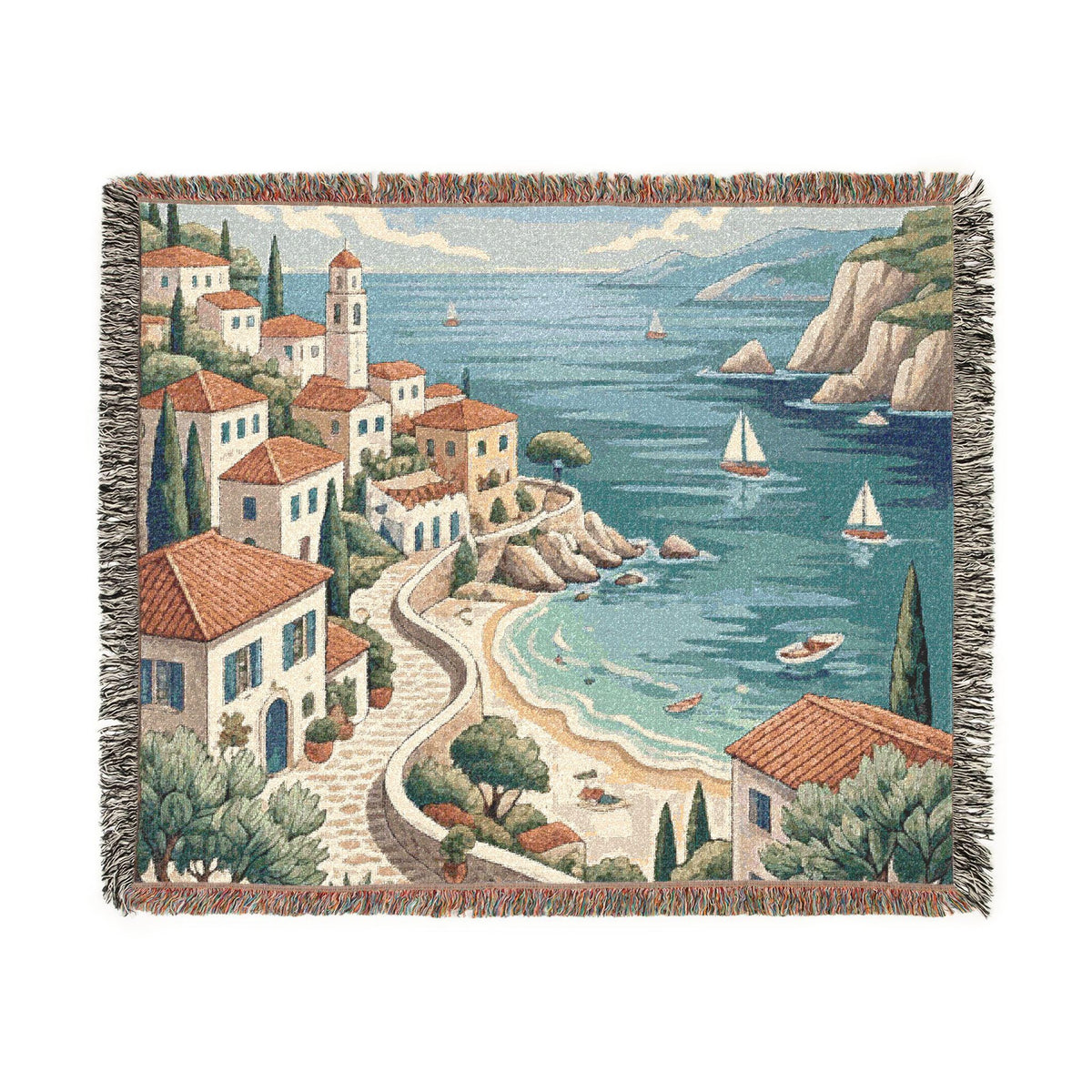 Mediterranean Coastal Village Woven Blanket | Seaside Tapestry Throw