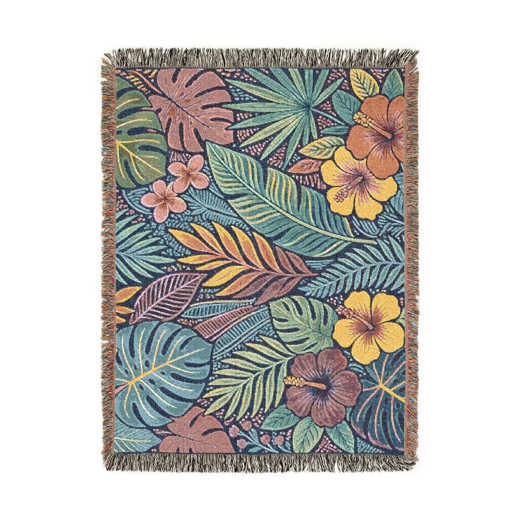 Tropical Floral Woven Blanket | Botanical Leaves Hibiscus Throw