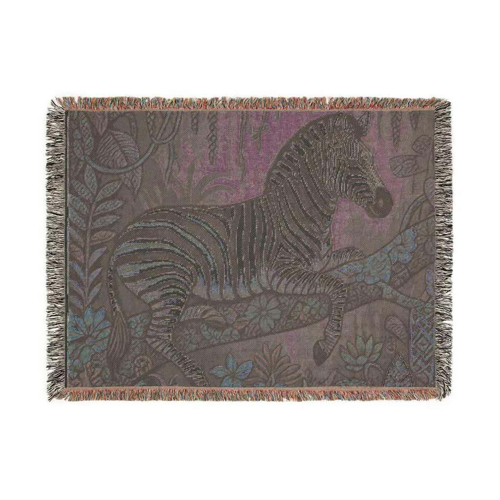 Zebra Tapestry Woven Blanket | Jungle Flora Pattern, Fringe Throw
