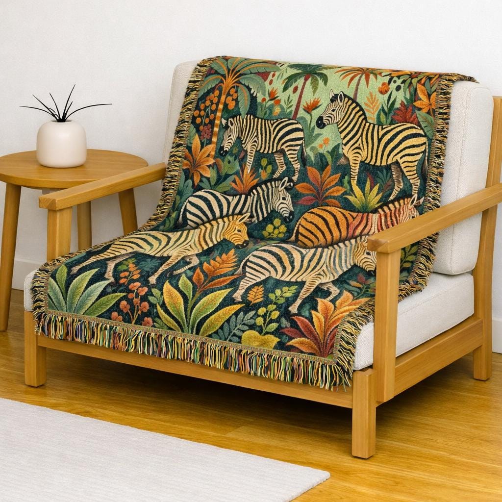 Zebra Jungle Woven Blanket | Safari Animal Tapestry Throw