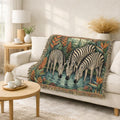 Zebra Trio Drinking Scene Woven Blanket | Tapestry Animal Throw