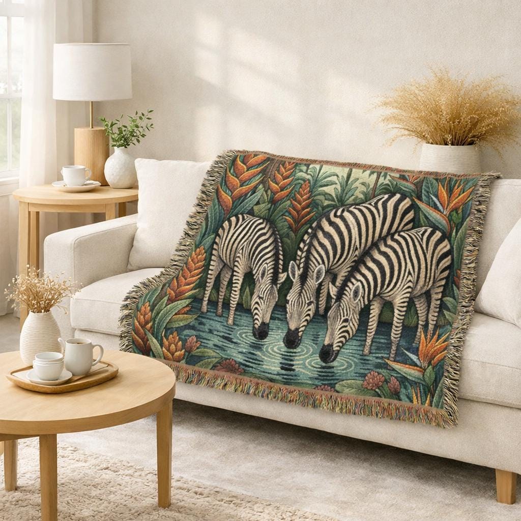 Zebra Trio Drinking Scene Woven Blanket | Tapestry Animal Throw