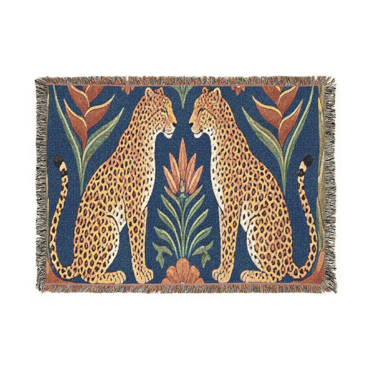 Two Sitting Leopards Woven Blanket | Botanical Motif, Tapestry Throw