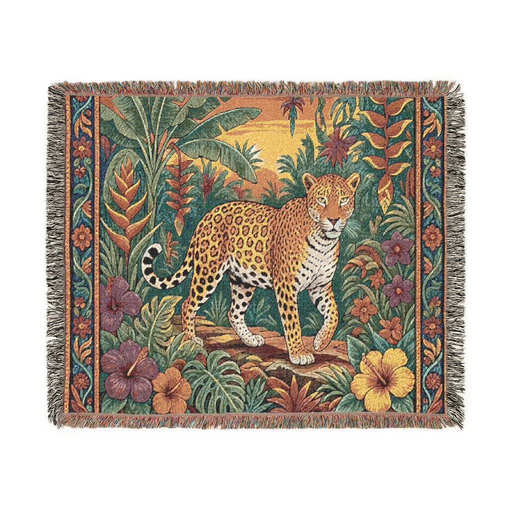 Jungle Leopard Woven Blanket | Tropical Floral Tapestry Throw