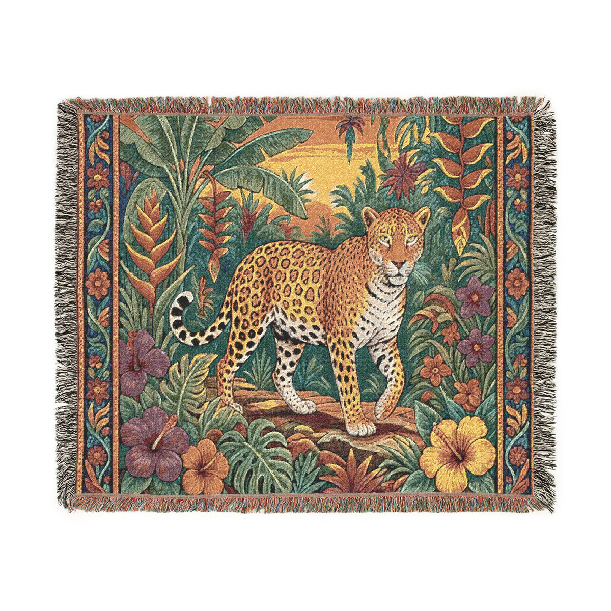 Jungle Leopard Woven Blanket | Tropical Floral Tapestry Throw
