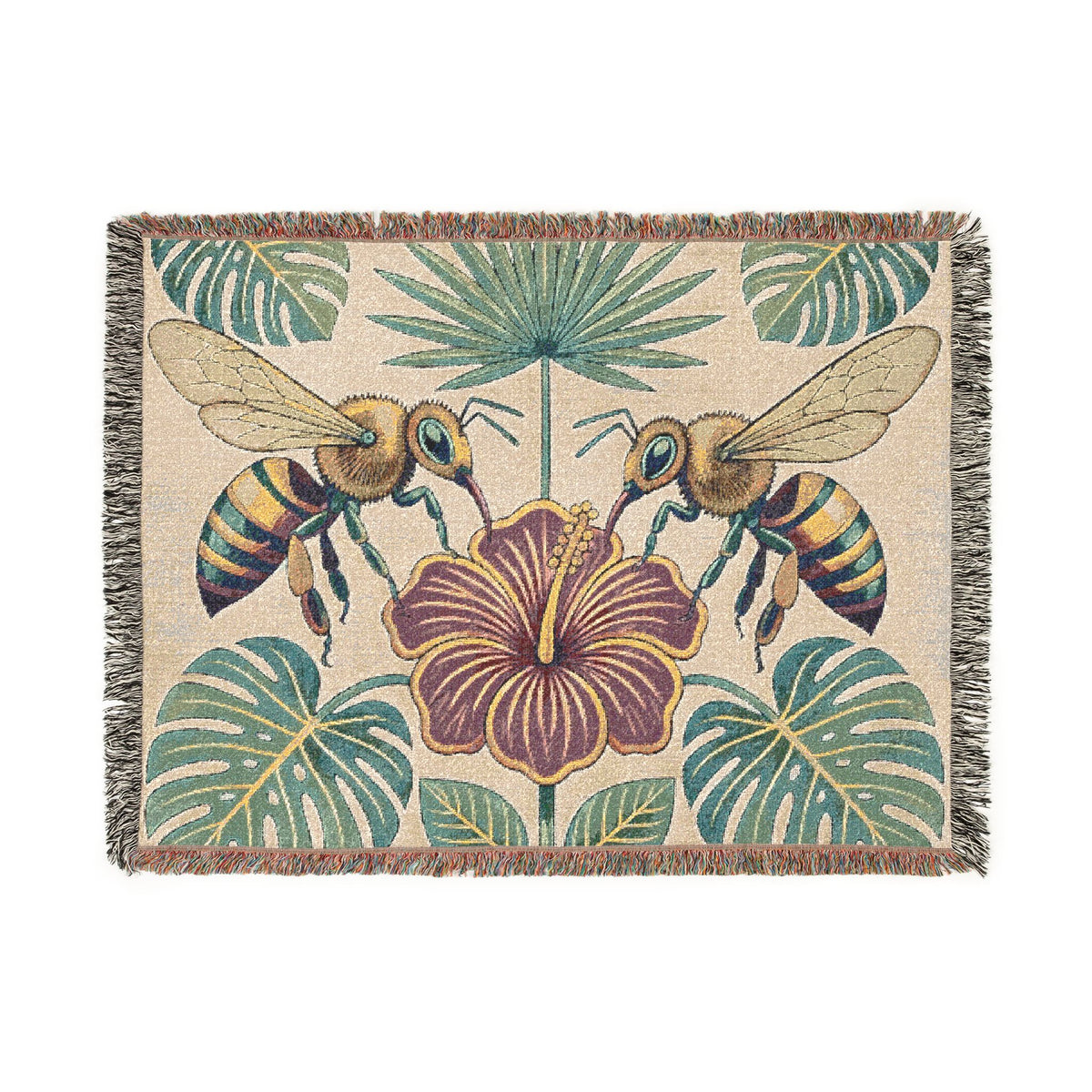 Hibiscus and Bees Woven Blanket | Tropical Floral Throw