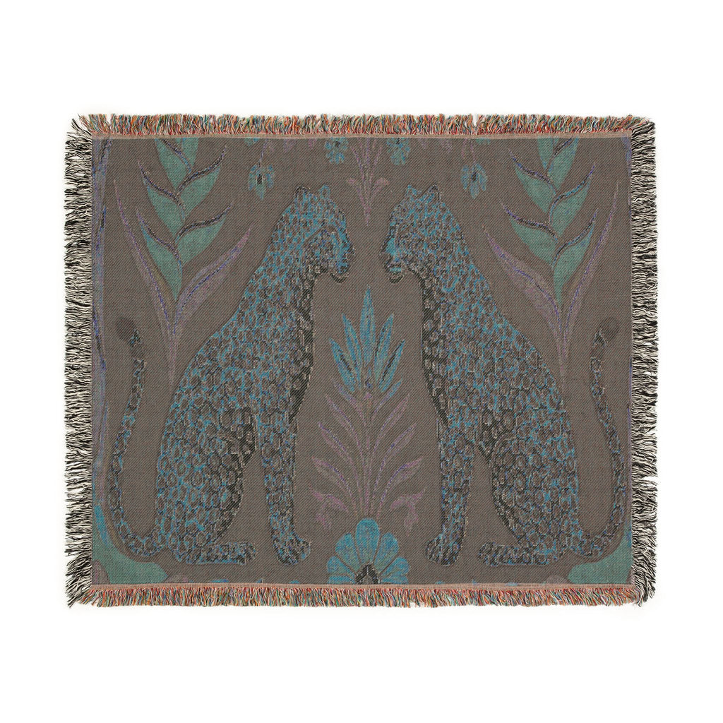 Two Sitting Leopards Woven Blanket | Botanical Motif, Tapestry Throw