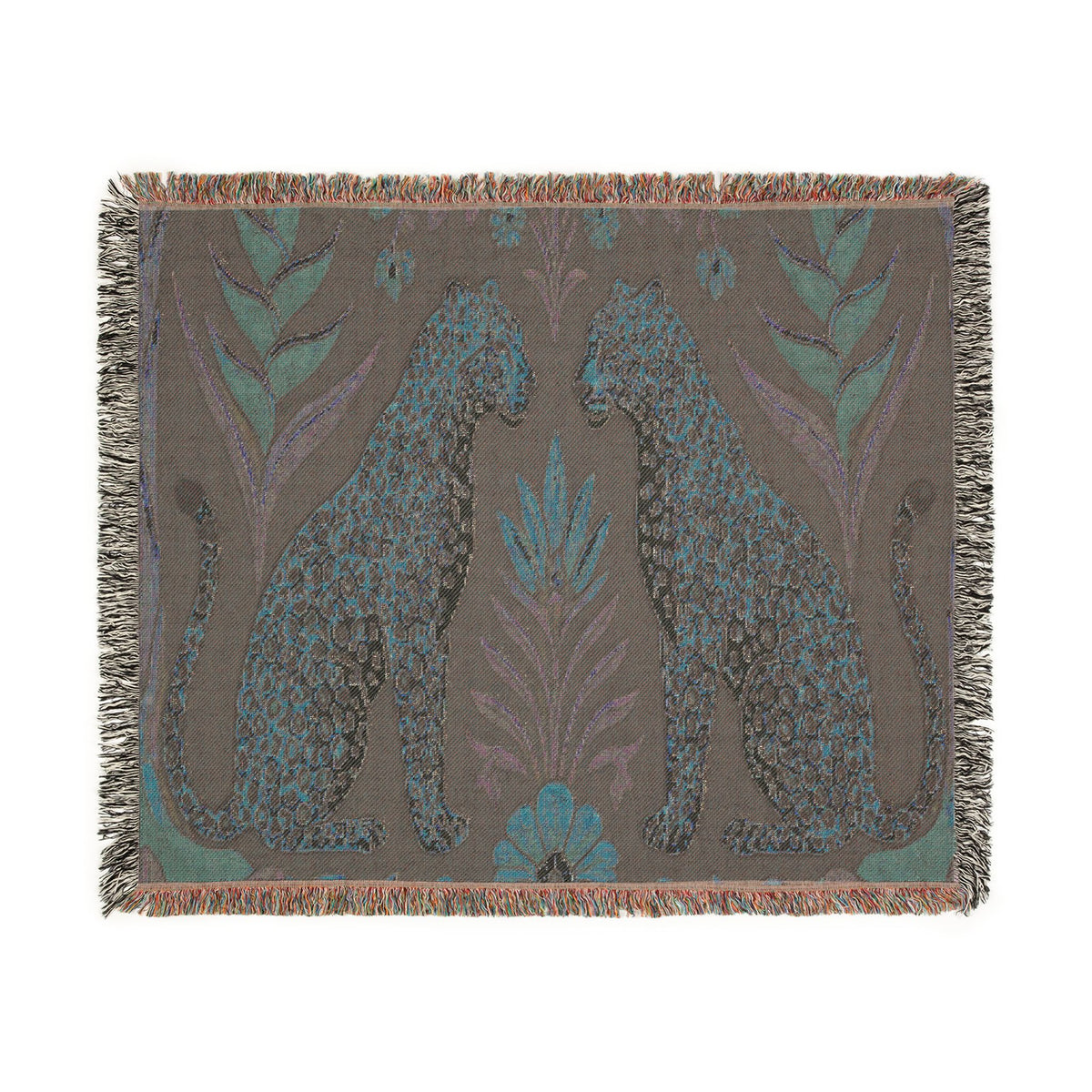 Two Sitting Leopards Woven Blanket | Botanical Motif, Tapestry Throw