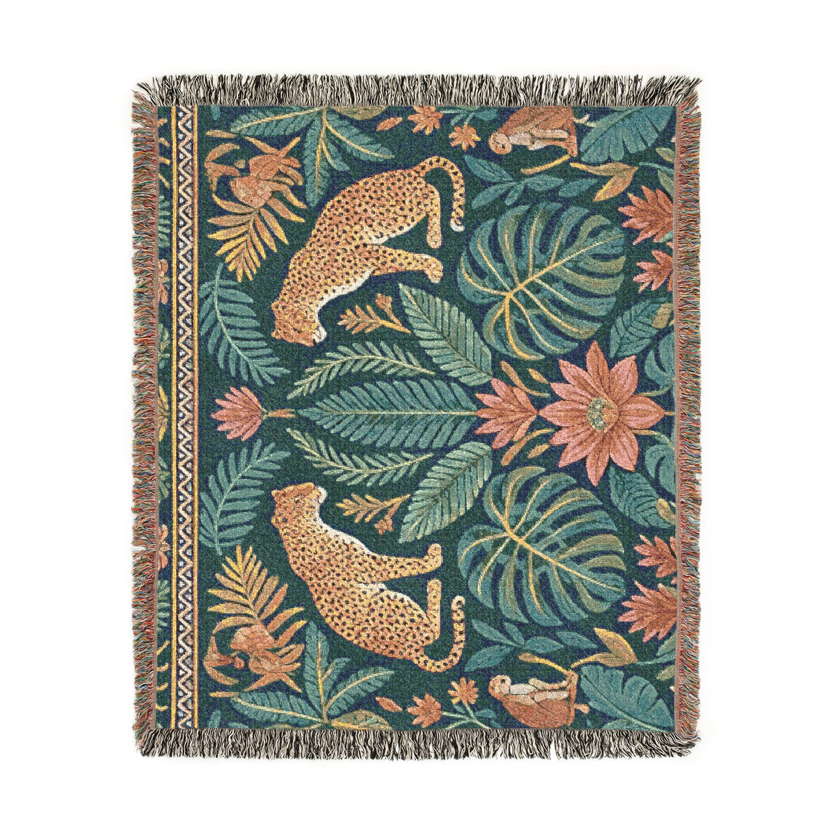 Tropical Leopard Jungle Woven Blanket | Botanical Throw, Tapestry Style