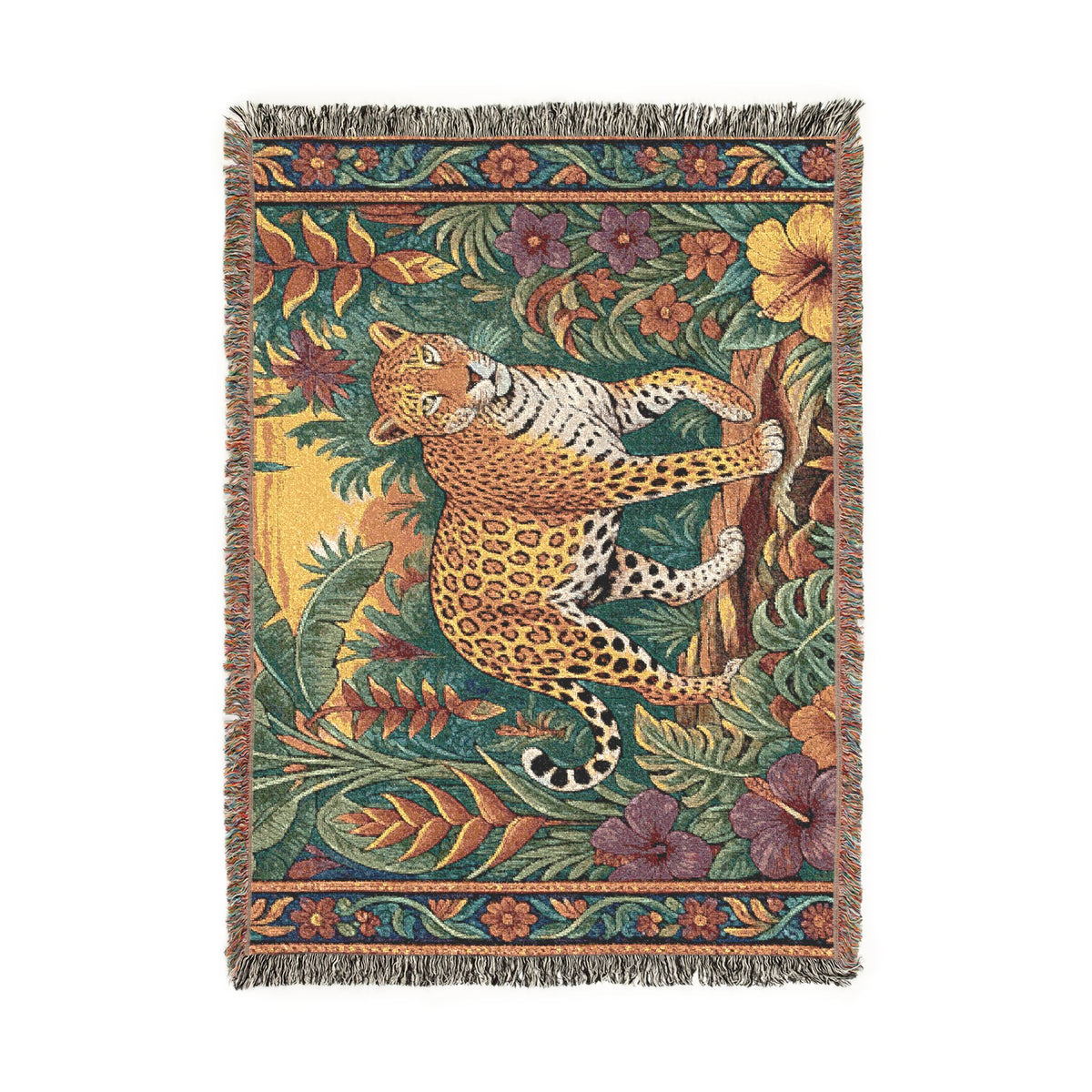 Jungle Leopard Woven Blanket | Tropical Floral Tapestry Throw