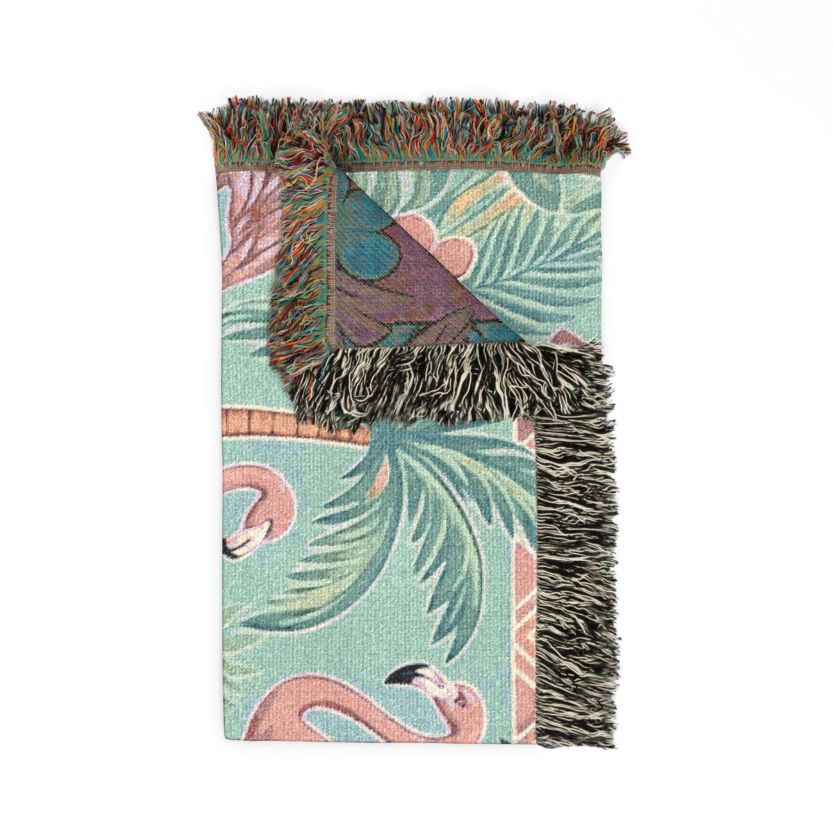 Tropical Flamingo Pattern Blanket | Woven Throw with Palm & Hibiscus