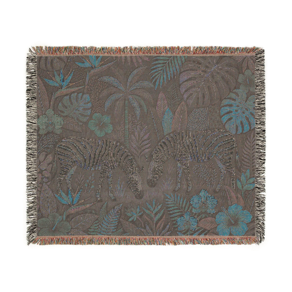 Tropical Zebra Jungle Woven Blanket | Botanical Palm Leaves, Floral Tapestry Throw