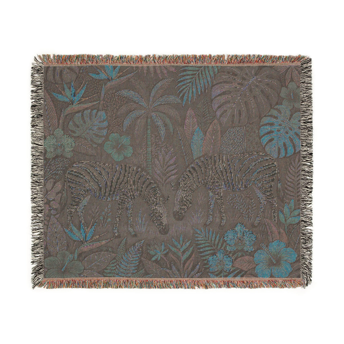 Tropical Zebra Jungle Woven Blanket | Botanical Palm Leaves, Floral Tapestry Throw
