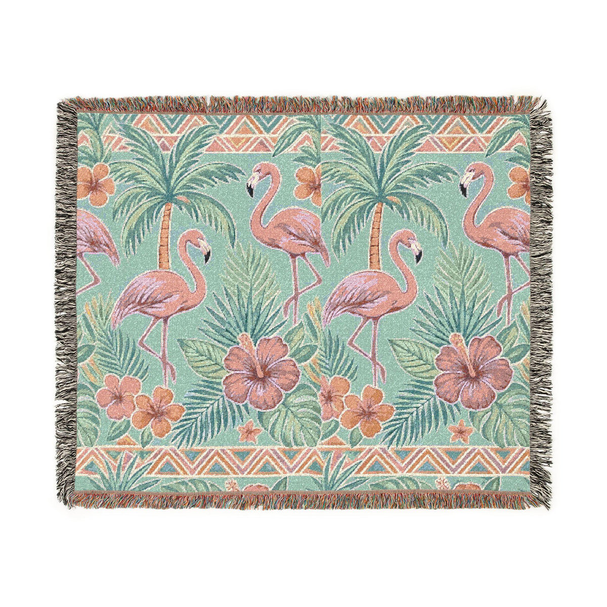 Tropical Flamingo Pattern Blanket | Woven Throw with Palm & Hibiscus