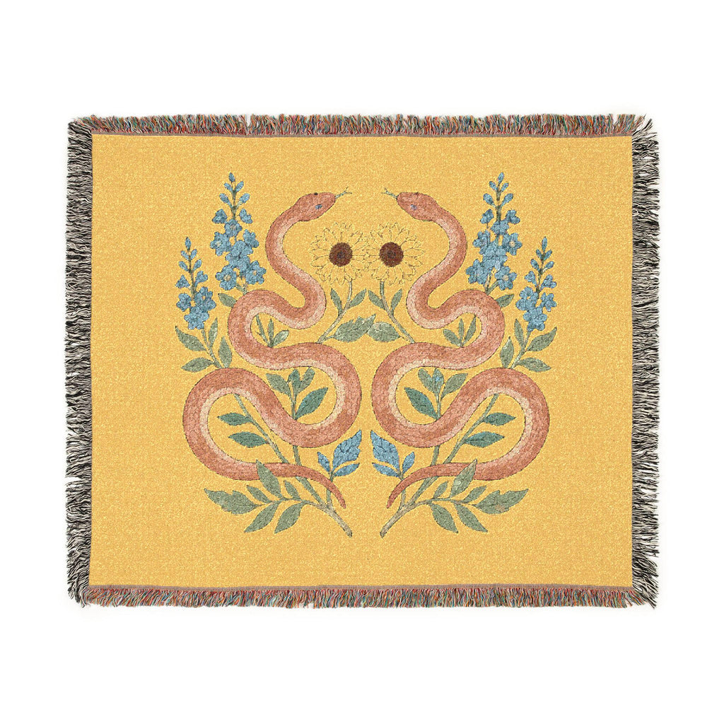 Twin Snakes Floral Woven Blanket | Boho Serpent Tapestry Throw