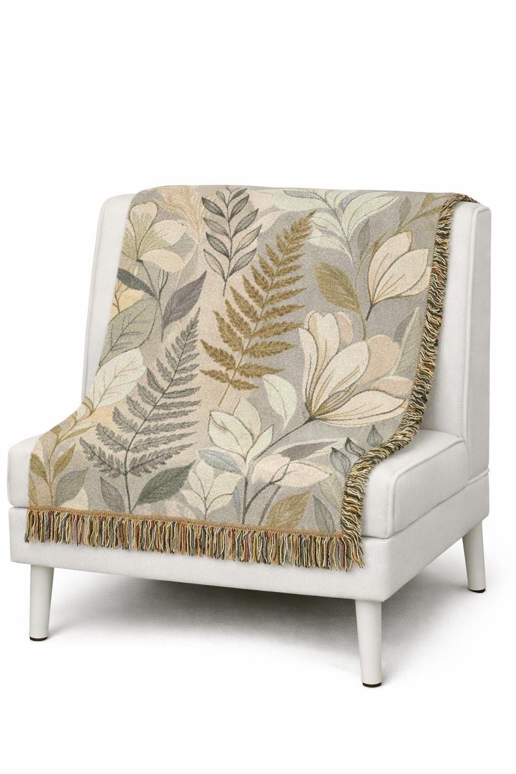 Modern Floral Fern Woven Blanket, Botanical Cotton Throw, Fringed Edges