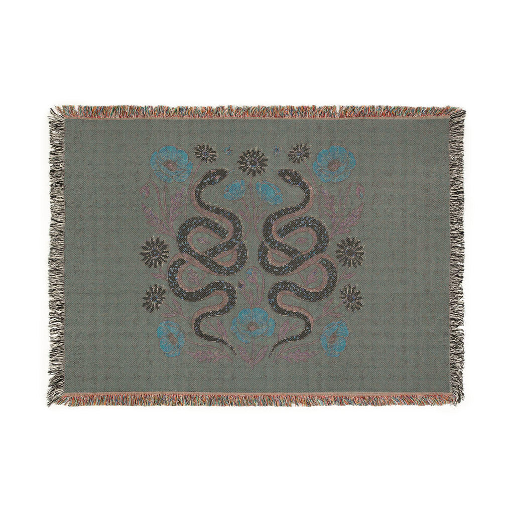 Floral Snakes Woven Blanket | Botanical Serpent Throw, Boho Tapestry