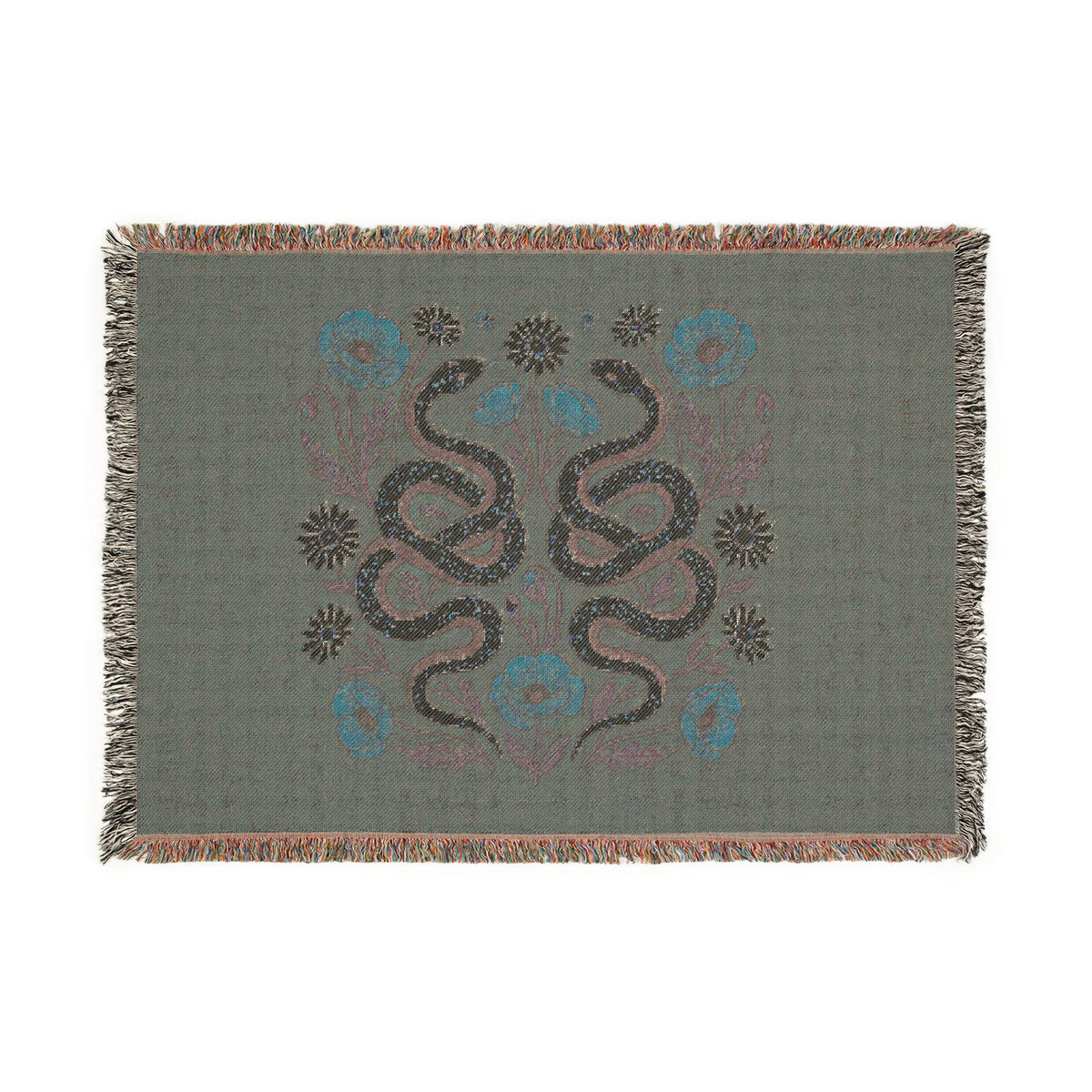 Floral Snakes Woven Blanket | Botanical Serpent Throw, Boho Tapestry