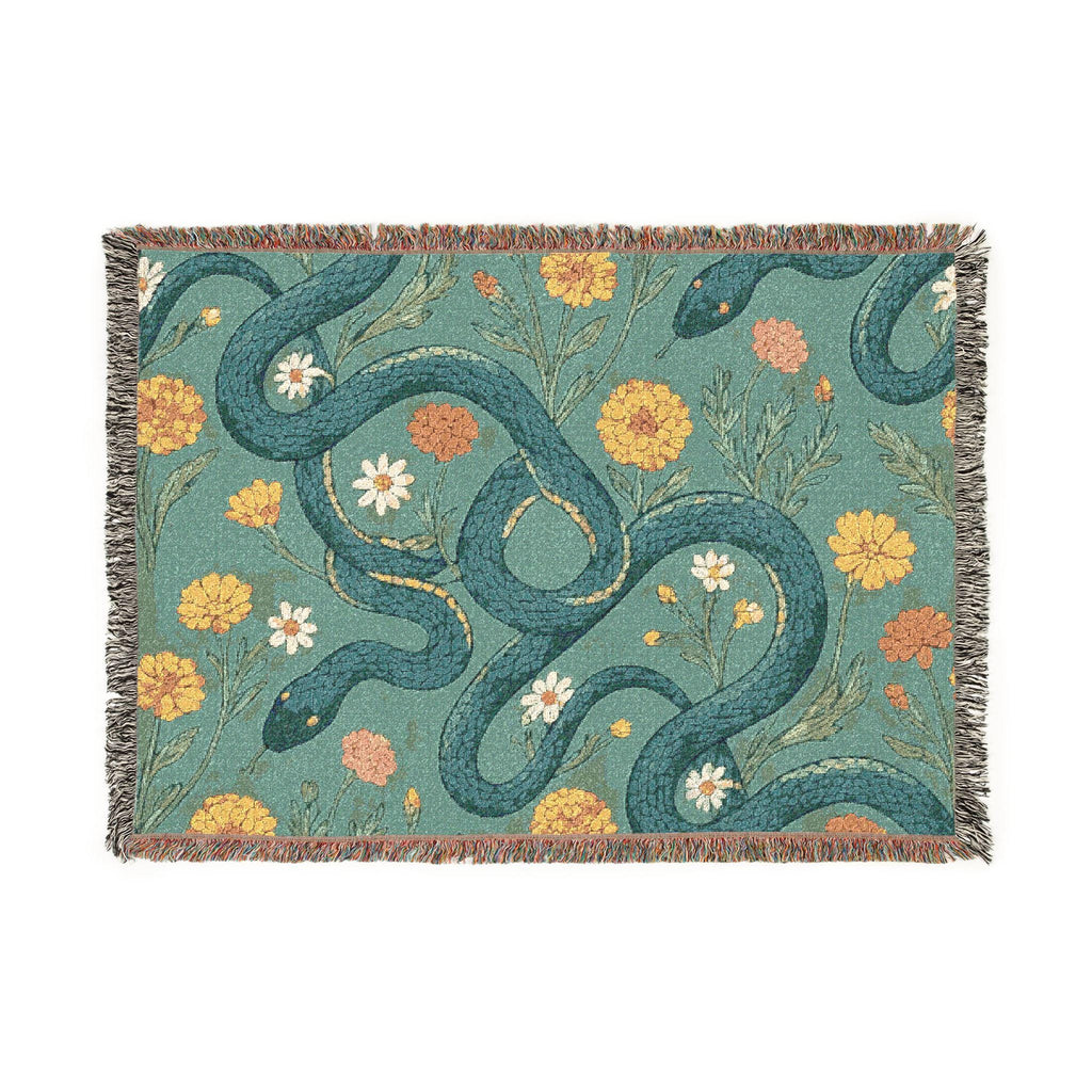 Floral Serpent Woven Blanket | Botanical Snake Tapestry Throw
