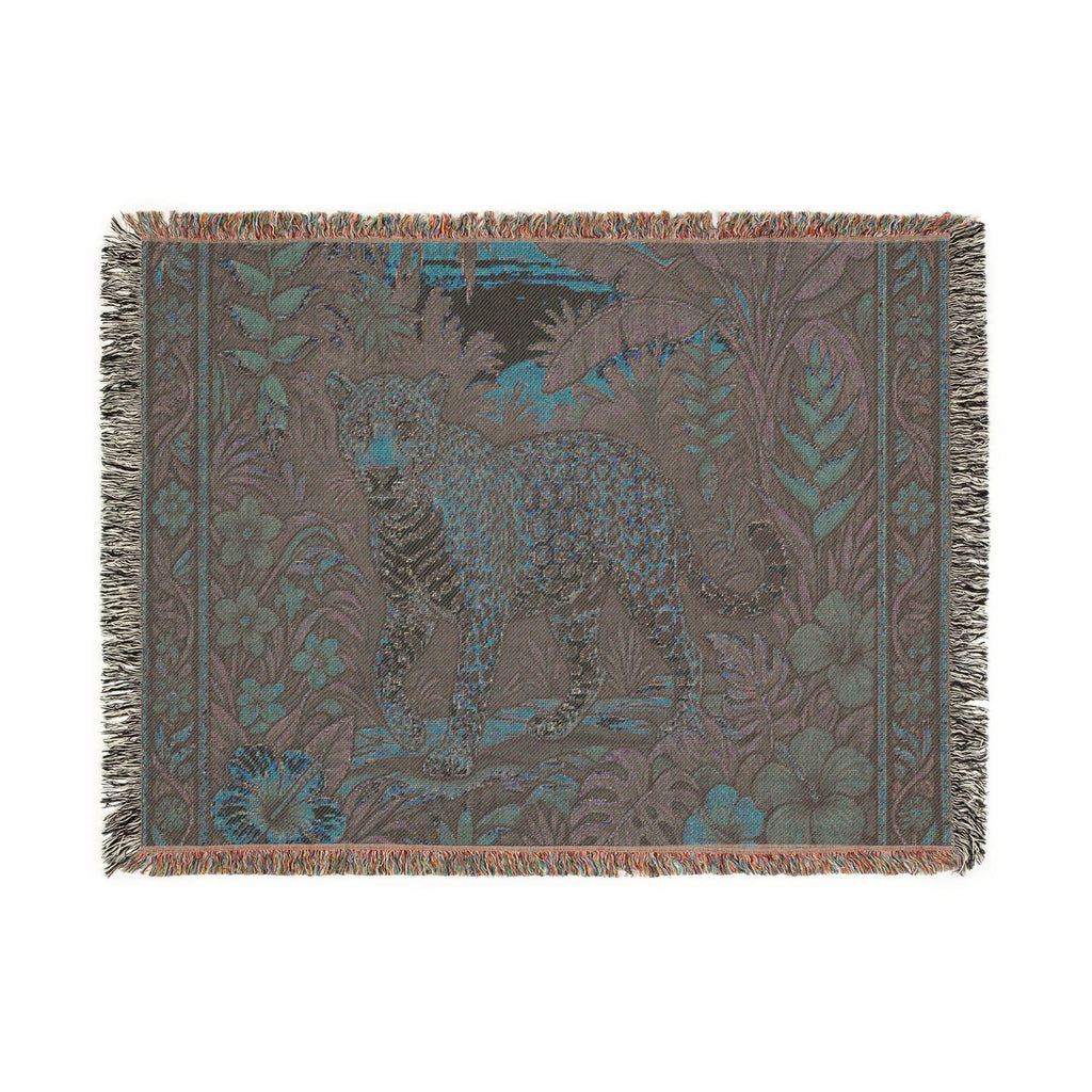 Jungle Leopard Woven Blanket | Tropical Floral Tapestry Throw
