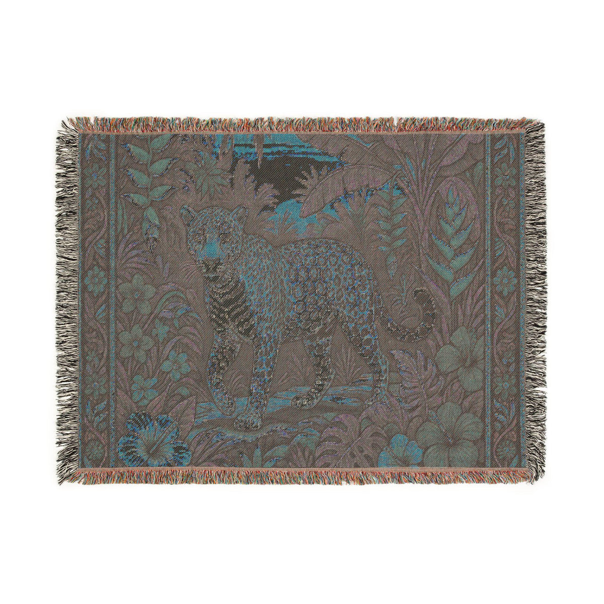 Jungle Leopard Woven Blanket | Tropical Floral Tapestry Throw