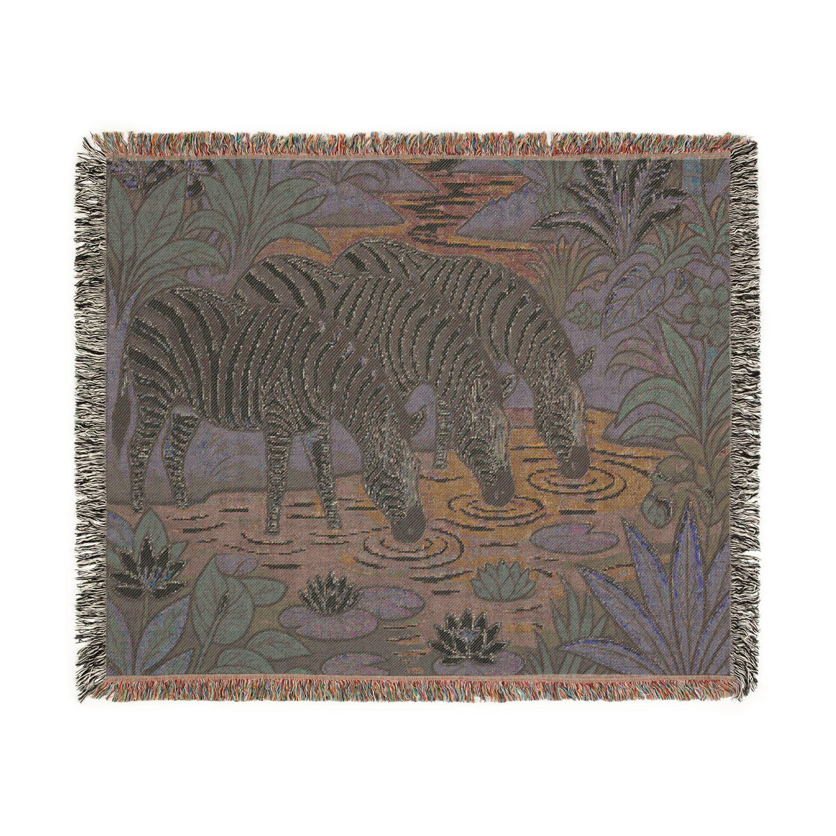 Zebra Trio Drinking at Pond Woven Blanket | Tapestry Animal Throw