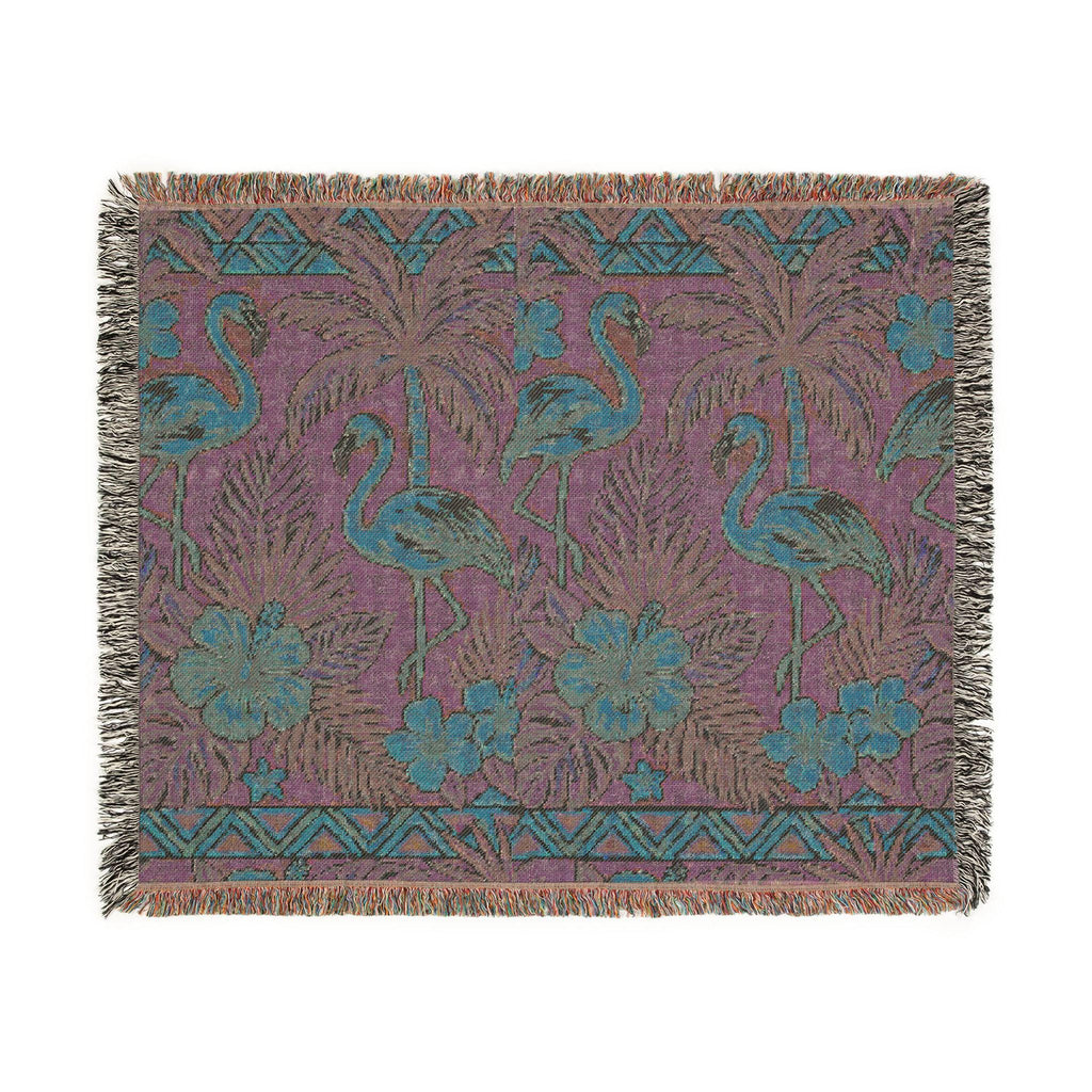 Tropical Flamingo Pattern Blanket | Woven Throw with Palm & Hibiscus