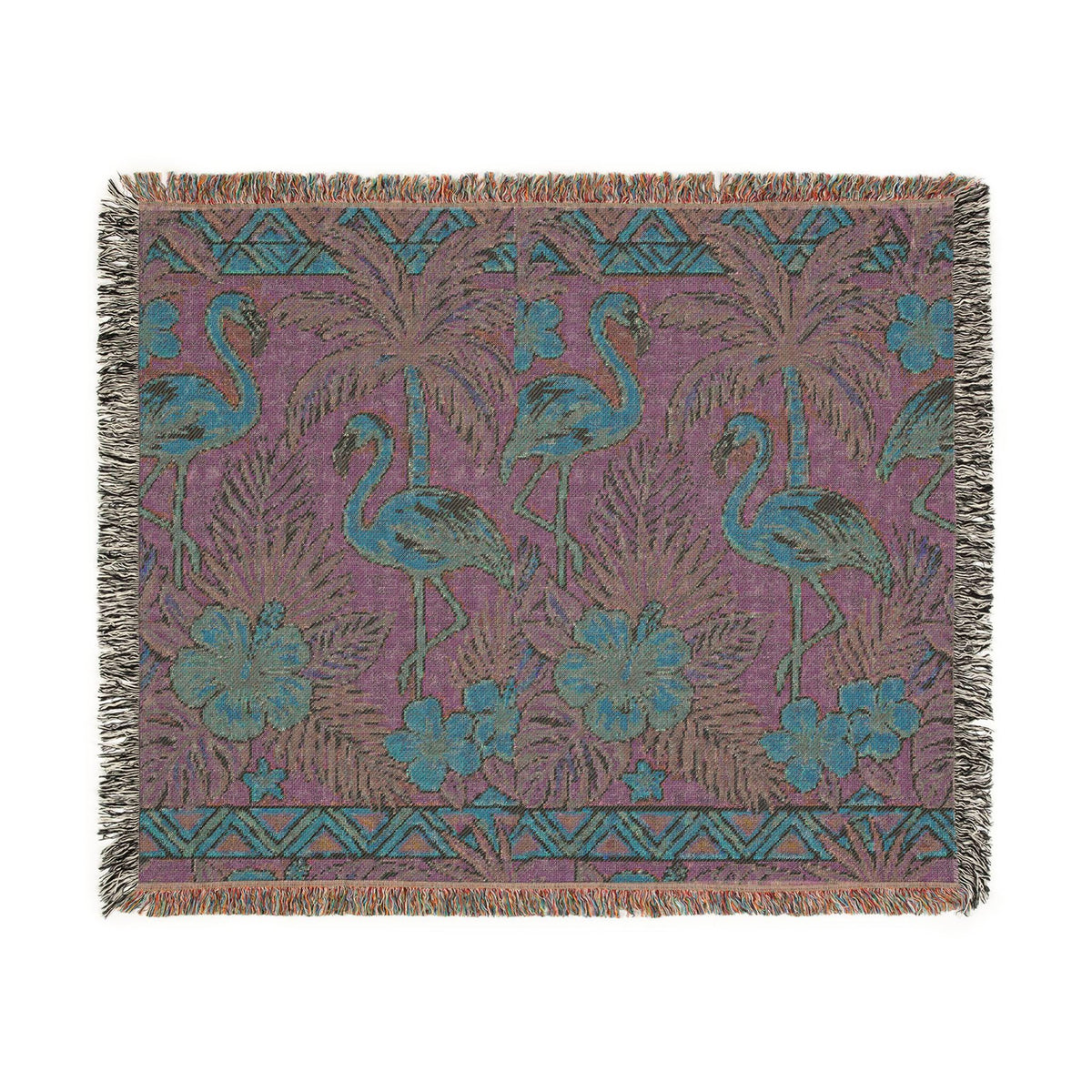 Tropical Flamingo Pattern Blanket | Woven Throw with Palm & Hibiscus