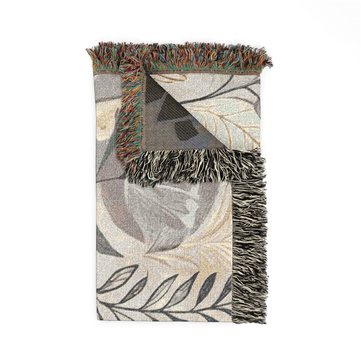 Modern Floral Fern Woven Blanket, Botanical Cotton Throw, Fringed Edges