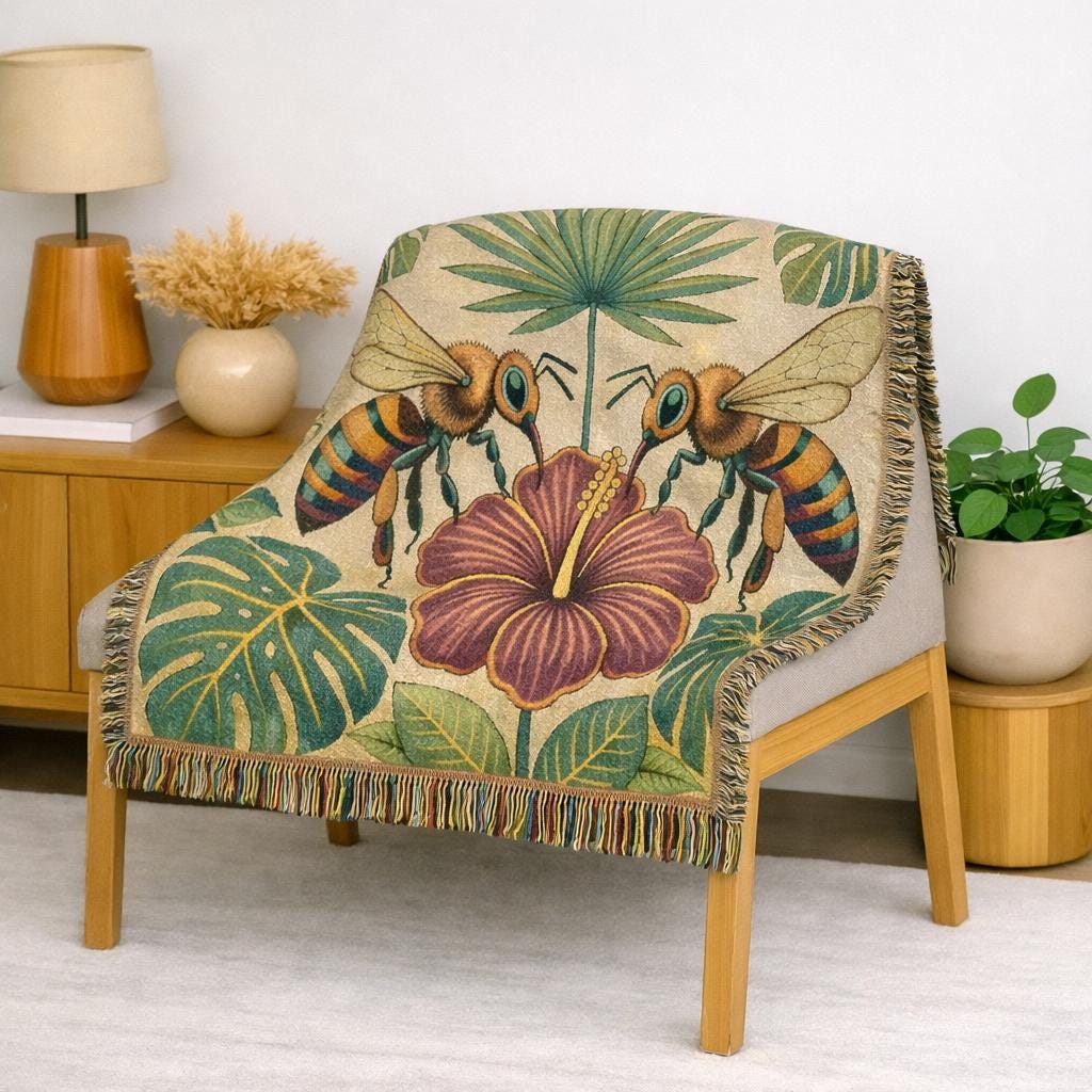 Hibiscus and Bees Woven Blanket | Tropical Floral Throw