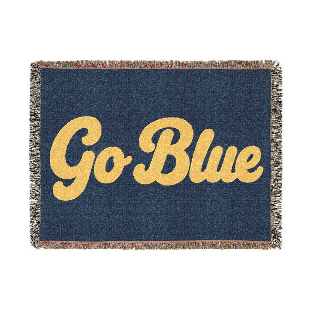 Go Blue script logo Woven Blanket | Collegiate navy and gold throw