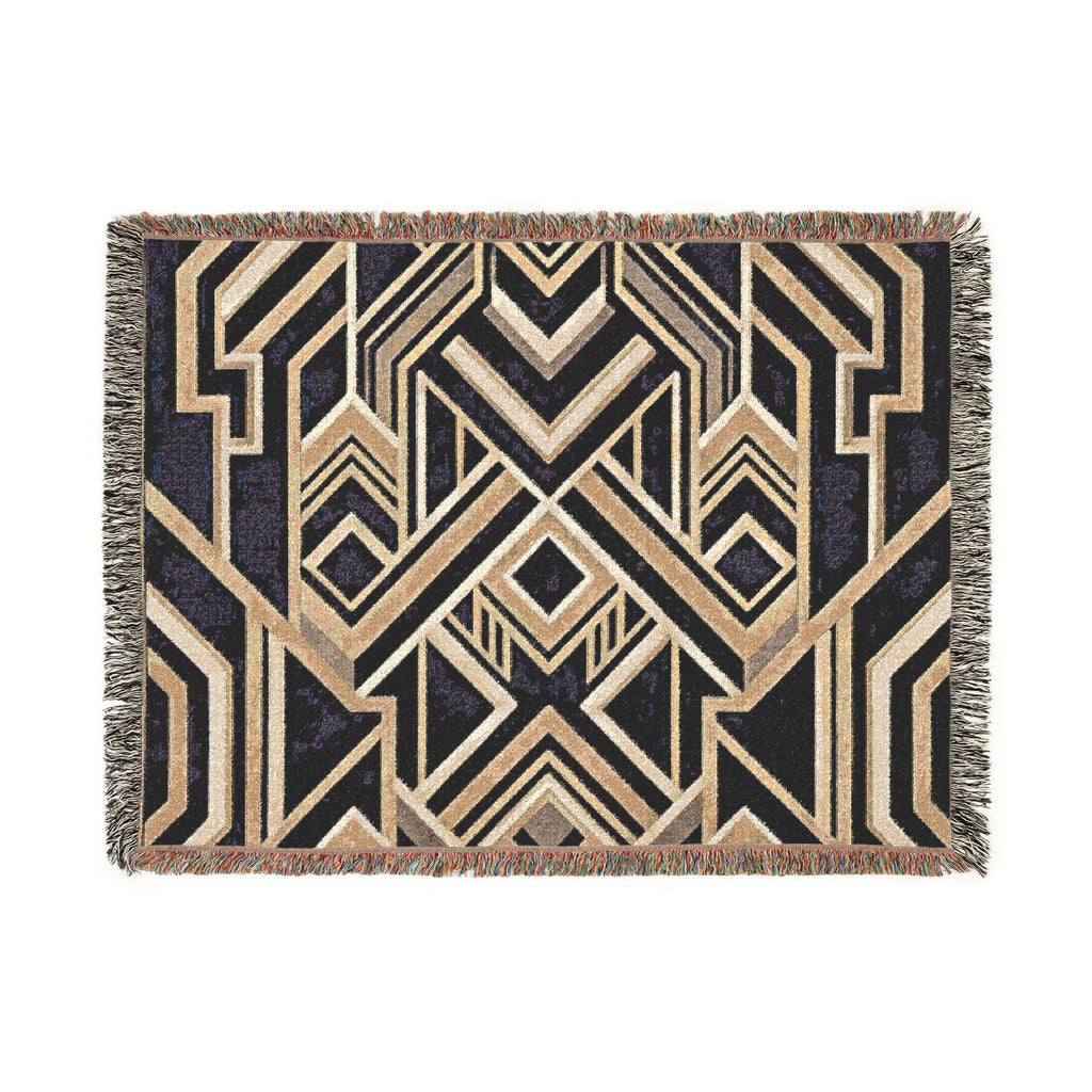 Art Deco Geometric Pattern Woven Blanket | Gold Navy Throw