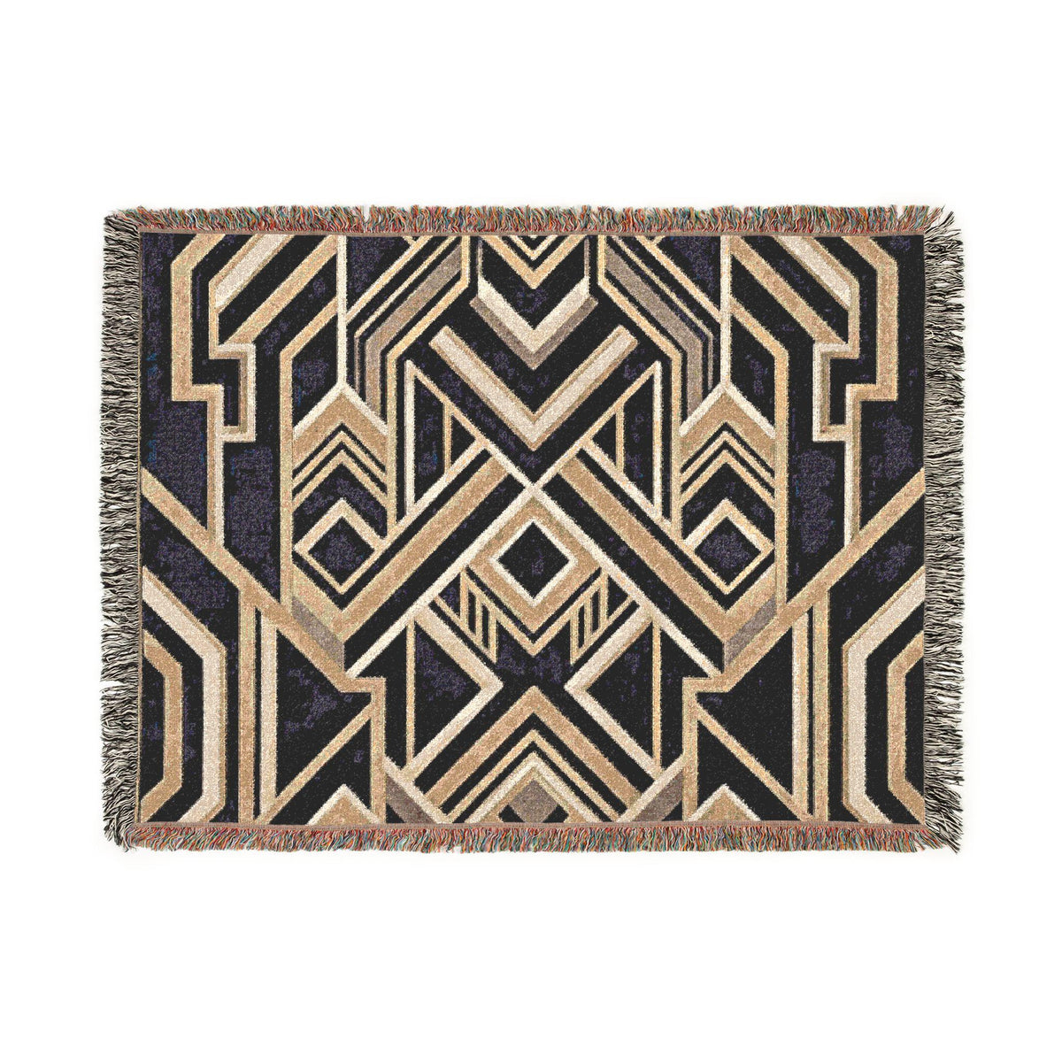 Art Deco Geometric Pattern Woven Blanket | Gold Navy Throw