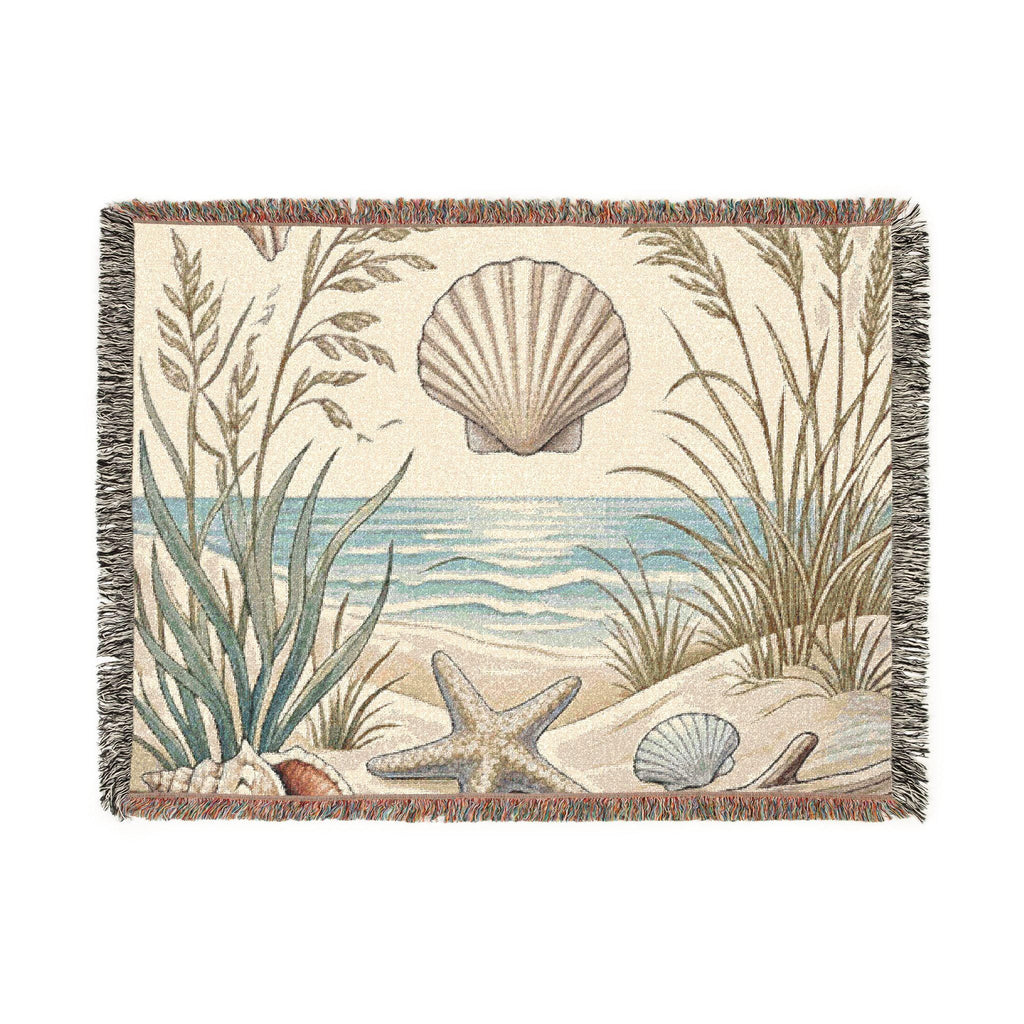 Seashell Beach Scene Woven Blanket | Coastal Ocean Tapestry Throw