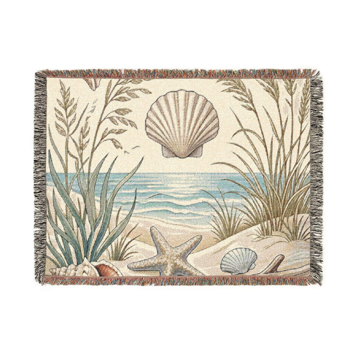 Seashell Beach Scene Woven Blanket | Coastal Ocean Tapestry Throw