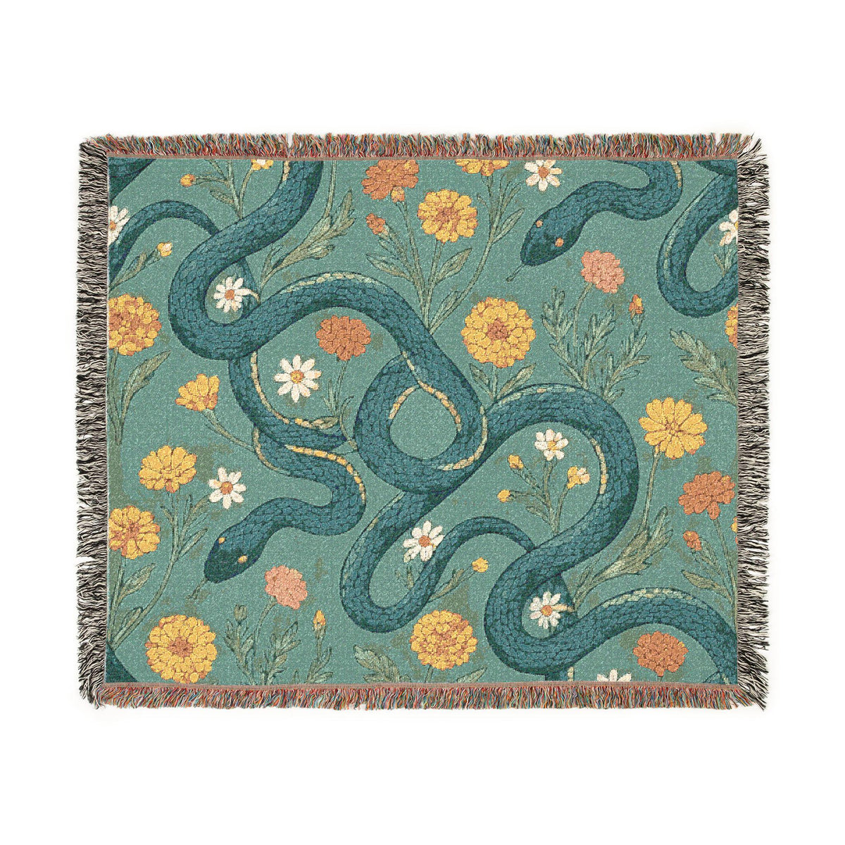 Floral Serpent Woven Blanket | Botanical Snake Tapestry Throw