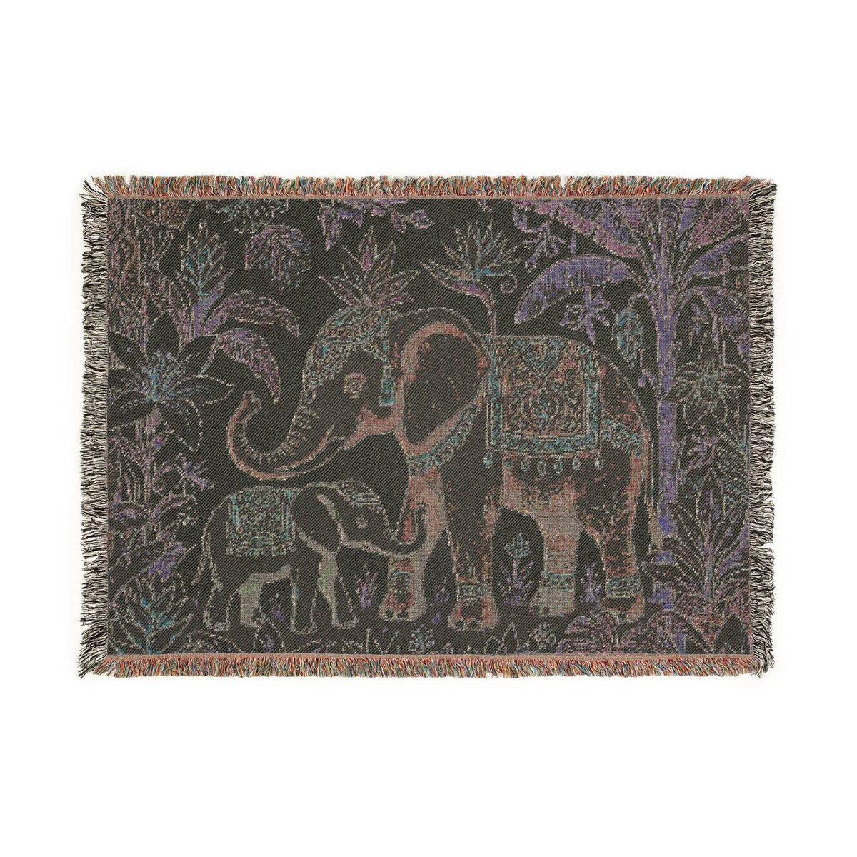 Boho Elephant Family Woven Blanket | Tapestry Throw, Jungle Floral