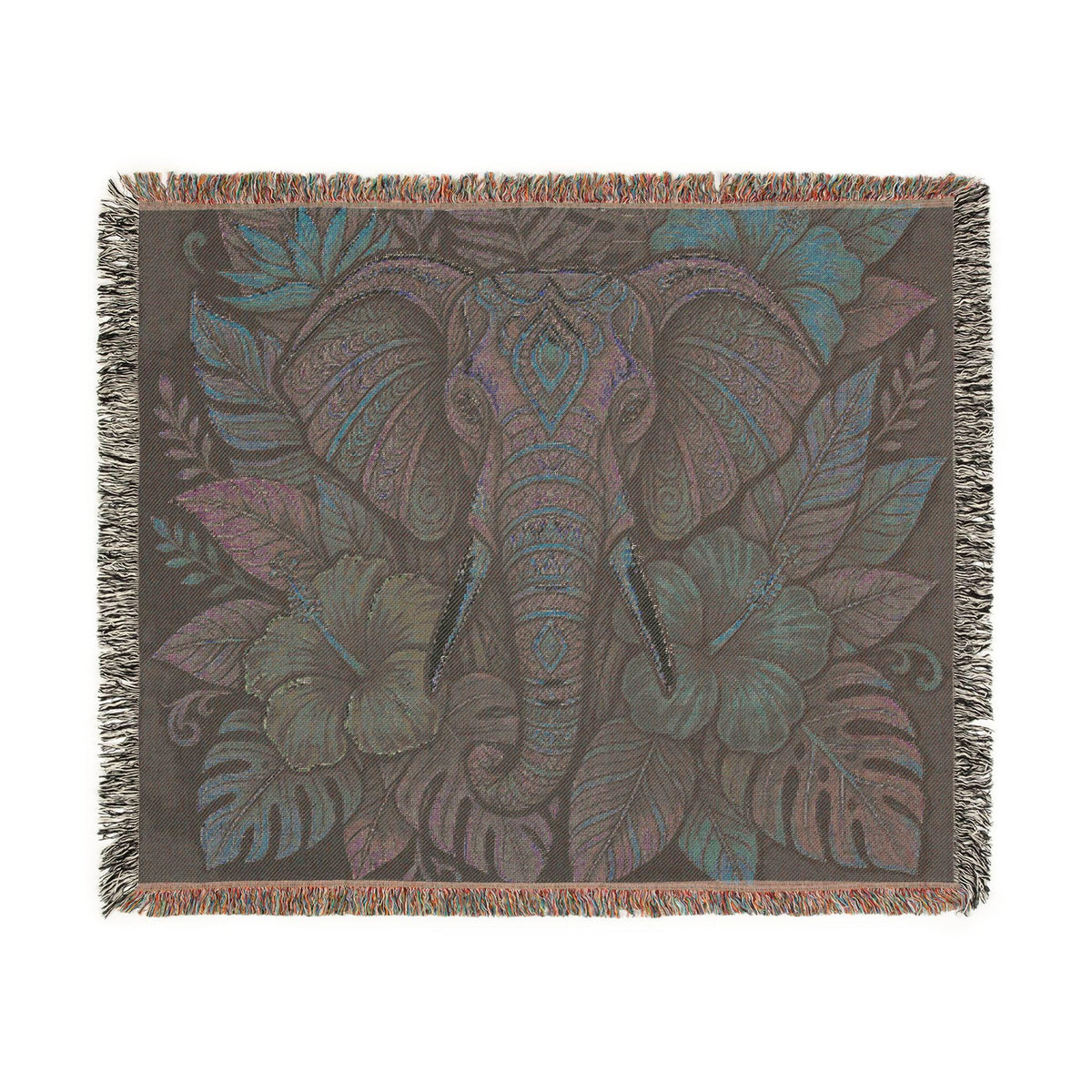 Colorful Boho Elephant Woven Blanket | Floral Tribal Elephant Throw