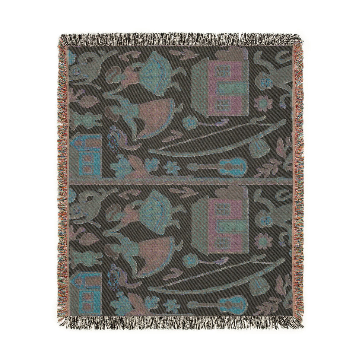 Folk Dance Pattern Woven Blanket | Southwestern House and Guitar Throw